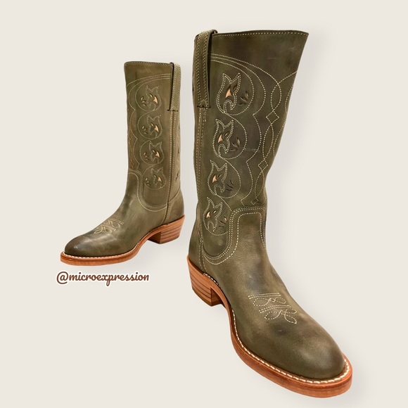 VINTAGE 1980 Frye Austin Sage Green Real Leather Floral Embroidered Cowboy Boot - Picture 13 of 14